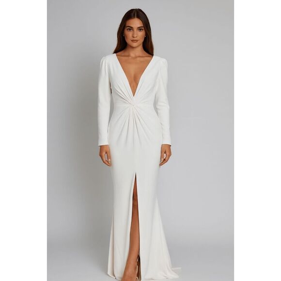 Lulu's Plunge Front White Long Sleeve Gown Long Sleeve Mermaid Maxi Dress XL - Picture 1 of 9